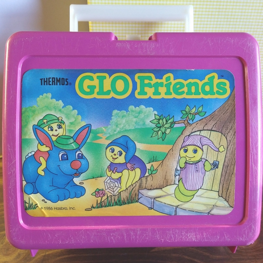 Vintage 1986 GLO Friends Glo Worm Thermos Lunch Box, Thermos & 3 Glo Figures